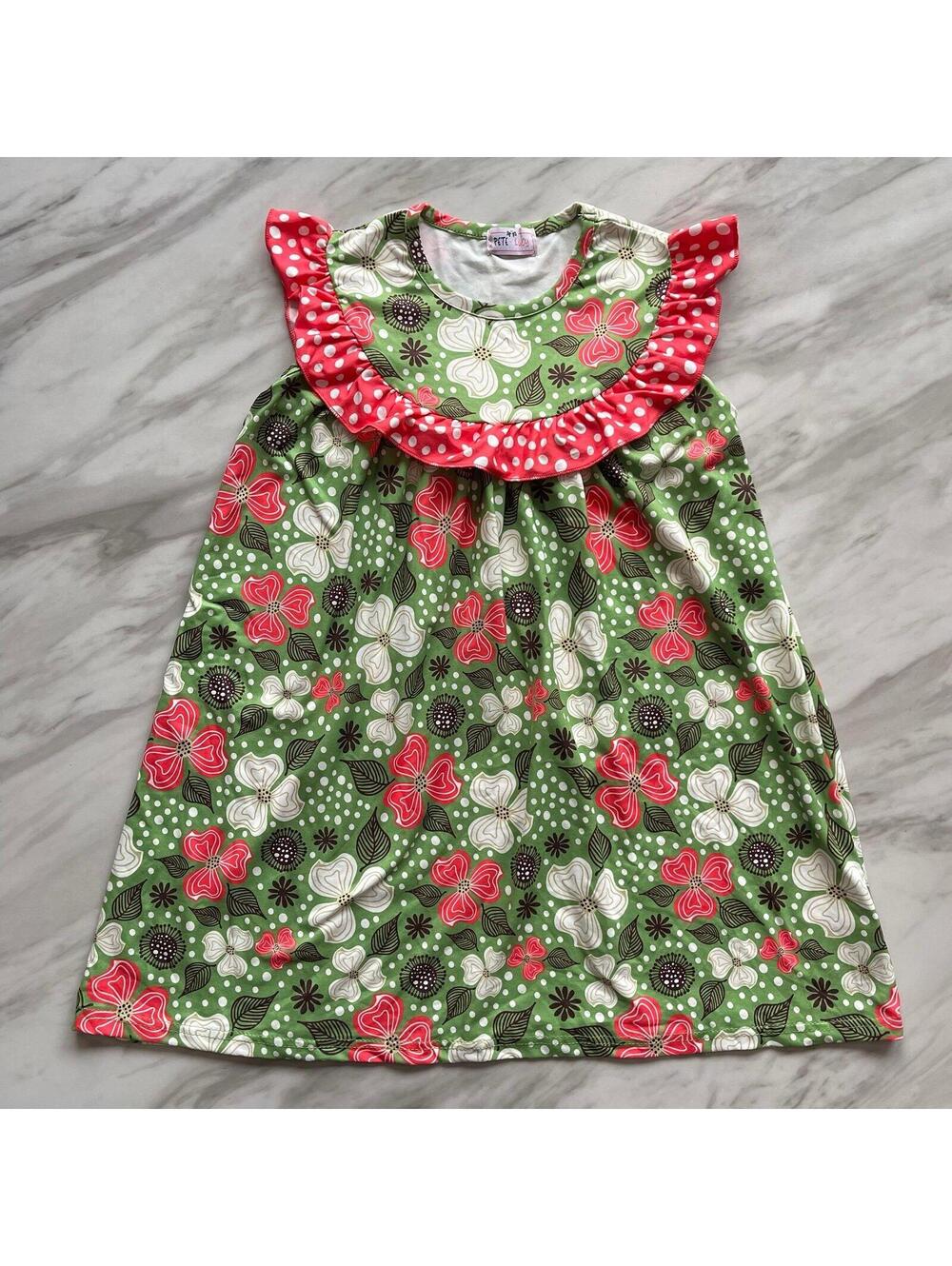 Pete + Lucy Girl's Size 6/6X Green Floral Polka Dots Summer Dress